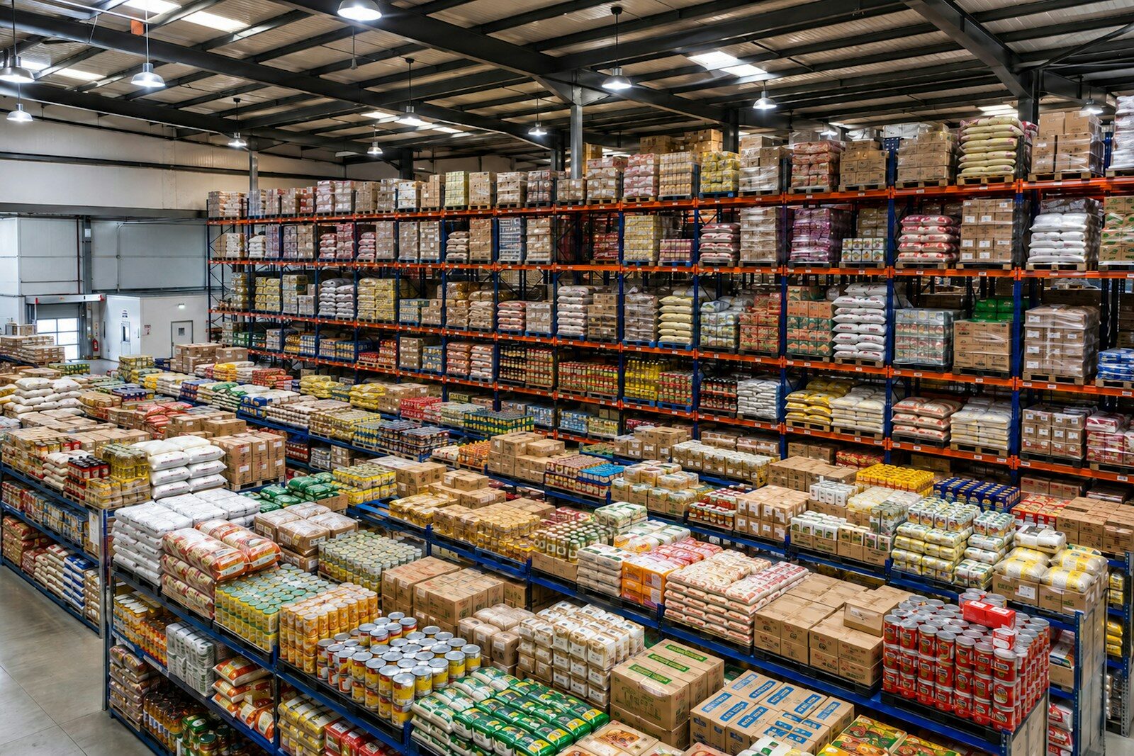 A large warehouse interior filled with shelves of packaged goods